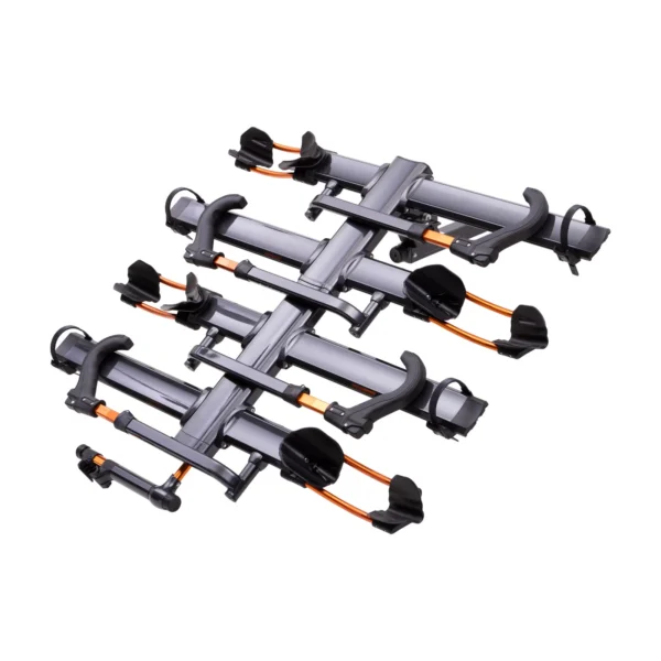 The NV™ 2.0 Add-On is a hitch-mounted rack for four bikes with adjustable wheel holders and support arms, featuring orange and black accents on a silver frame.