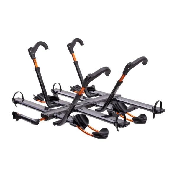 The NV™ 2.0 Add-On is a four-bike hitch-mounted rack featuring black and orange adjustable arms, wheel trays, and securing straps for transporting bikes by vehicle.