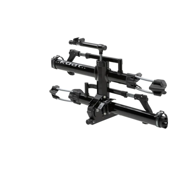 The NV™ 2.0 is a black Kuat bike rack with adjustable mounts and clamps, designed for attaching bicycles to the back of a vehicle.