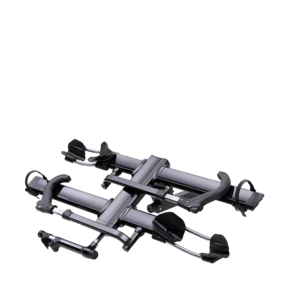 The NV™ 2.0 is a foldable metal bike rack with black and silver parts, designed for mounting on your vehicle.