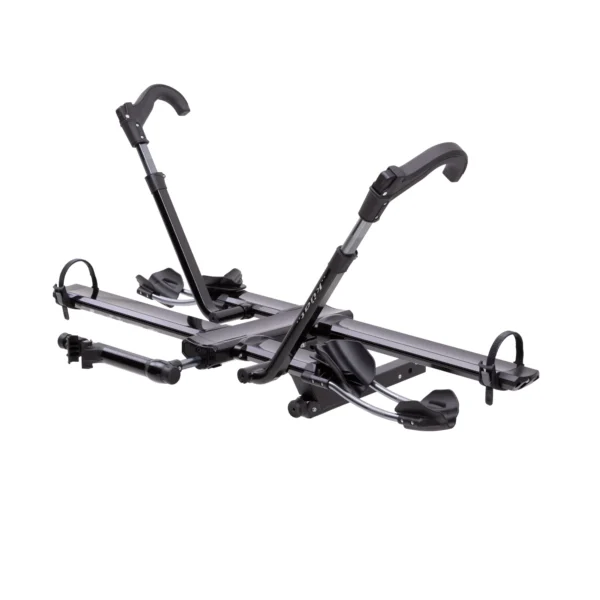 The NV™ 2.0 is a black, hitch-mounted bike rack with adjustable arms and wheel holders, designed to carry two bicycles.