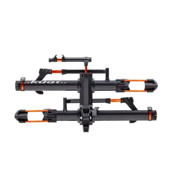 A black and orange hitch-mounted bike rack with two parallel trays for holding bicycles, viewed from the front against a white background.