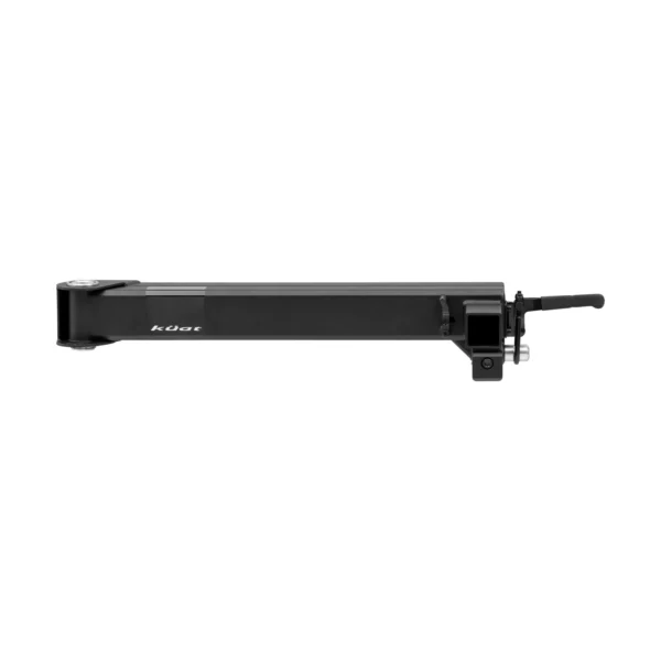A black Kuat folding bike rack arm is shown horizontally against a white background.