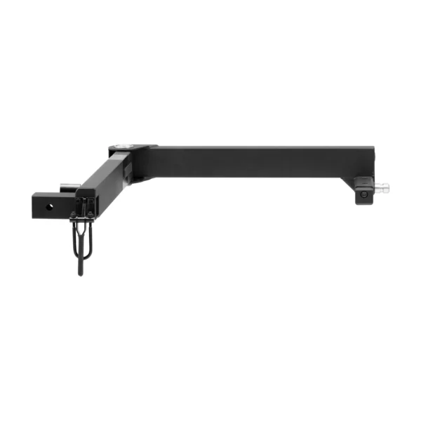 The Pivot™ v2 is a black steel trailer hitch extender featuring a square receiver tube and a pin for secure vehicle attachment.