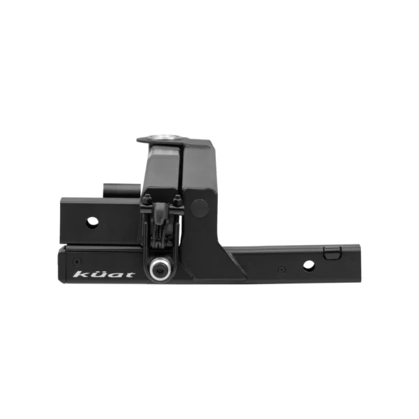 A black Pivot™ v2 bike rack hitch adapter is shown against a white background, highlighting its mounting points and logo.