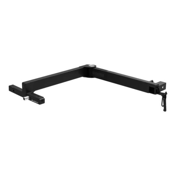 The Pivot™ v2 is a black metal swing-away hitch adapter with a 90-degree angle for vehicle hitches, featuring locking pins and a hinge mechanism.
