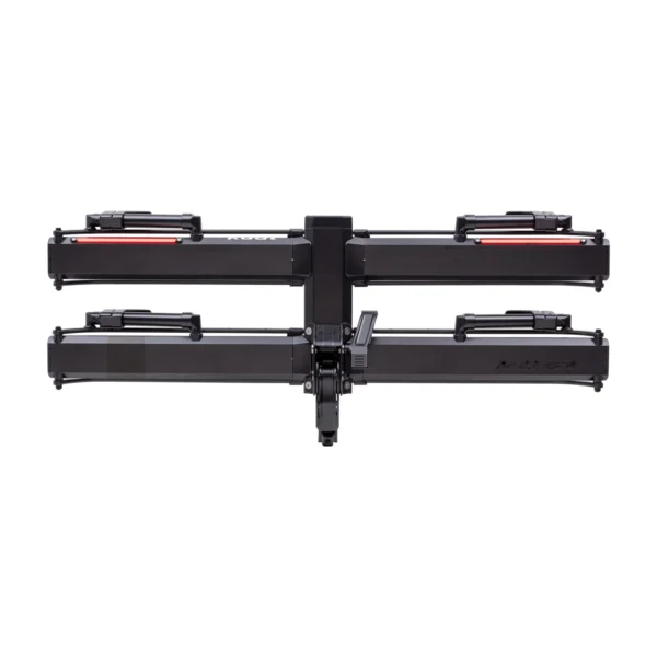 The Piston® Pro X is a black, hitch-mounted bike rack with two horizontal platforms and red reflectors, designed to carry two bicycles on the back of a vehicle.