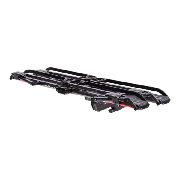 The NV™ 2.0 Add-On is a black, metal platform-style bike rack with wheel trays, designed to mount on a vehicle hitch.