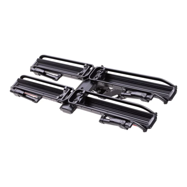 The NV™ 2.0 Add-On is a black metal hitch-mounted rack with parallel trays and support bars, designed to securely carry two bicycles.