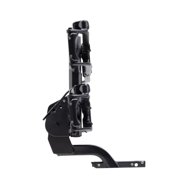 Side view of the Piston® Pro X, a black metal and plastic mechanical device featuring two latch mechanisms, possibly serving as a vehicle seat frame or mounting bracket, shown against a white background.
