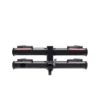 A black hitch-mounted bike rack with two trays, viewed from the rear against a white background.