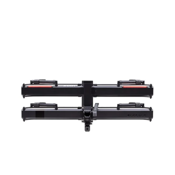 A black hitch-mounted bike rack with two trays, viewed from the rear against a white background.