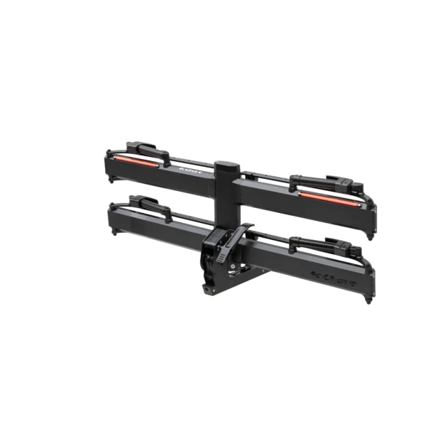 The Piston® Pro X is a black bike rack with two trays and straps, designed for mounting on a vehicle's hitch.