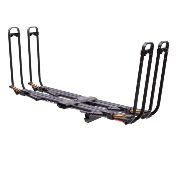The Piston® Pro X is a black hitch-mounted bike rack featuring four vertical support arms and two horizontal trays to securely hold bicycles.