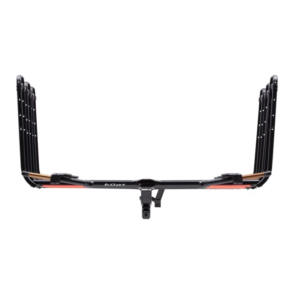 The NV™ 2.0 Add-On is a black metal hitch-mounted rack with two U-shaped arms and orange reflectors, designed for carrying items on the back of your vehicle.