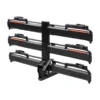 The Piston® Pro X is a hitch-mounted bike rack with four horizontal trays and wheel clamps, designed to transport up to four bicycles.
