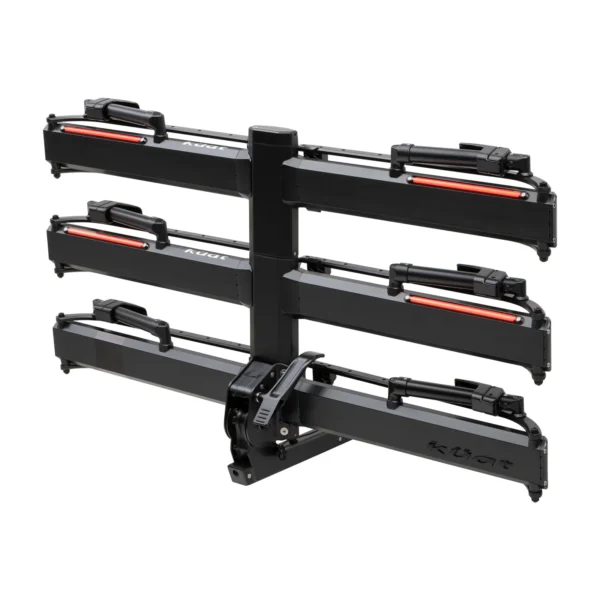 The Piston® Pro X is a hitch-mounted bike rack with four horizontal trays and wheel clamps, designed to transport up to four bicycles.