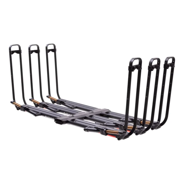 The NV™ 2.0 Add-On is a black, metal hitch bike rack that accommodates four bicycles and features upright support bars with wheel trays.