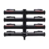 The Piston® Pro X is a black hitch bike rack, shown from the back, designed to securely hold six bicycles with horizontal trays and sturdy frame support bars.