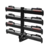 The Piston® Pro X is a black, vertical, hitch-mounted bike rack featuring eight paired horizontal trays for holding bicycles.