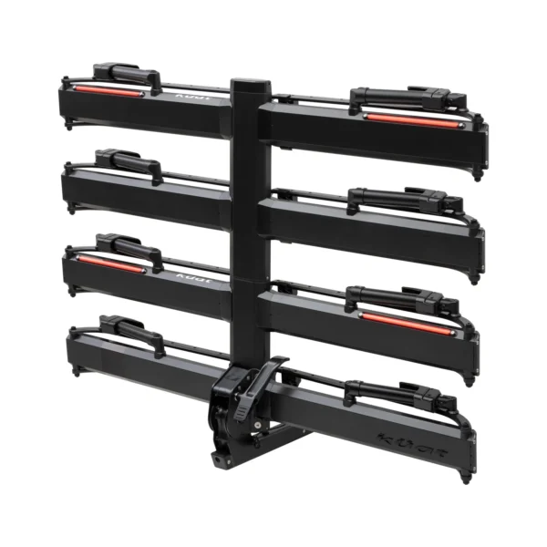 The Piston® Pro X is a black, vertical, hitch-mounted bike rack featuring eight paired horizontal trays for holding bicycles.