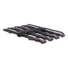 Four Piston® Pro X black bicycle racks are aligned side by side on a white background, featuring curved arms and clamps for securing bikes.