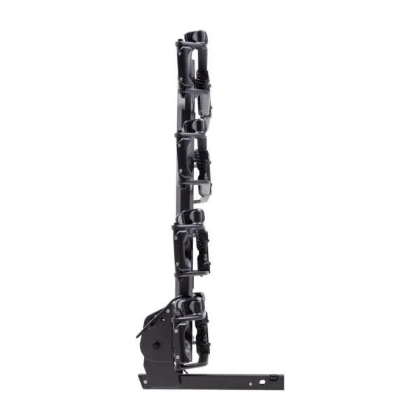 The NV™ 2.0 Add-On is a vertical black metal bike rack with four mounting points, shown folded upright against a white background.