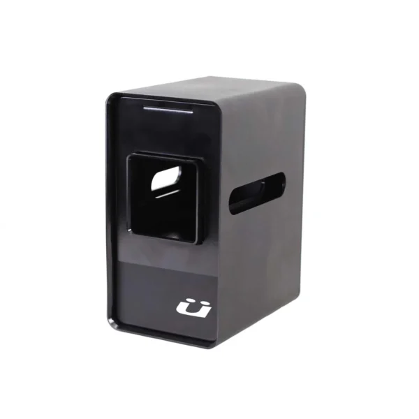 The Rack Dock is a black rectangular metal lock box with a slot and keyhole, featuring a white logo on the lower front panel.