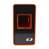The Rack Dock is a rectangular black and orange electronic device featuring a central square cutout and a small white logo at the bottom right.