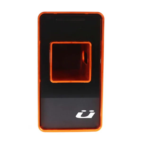 The Rack Dock is a rectangular black and orange electronic device featuring a central square cutout and a small white logo at the bottom right.