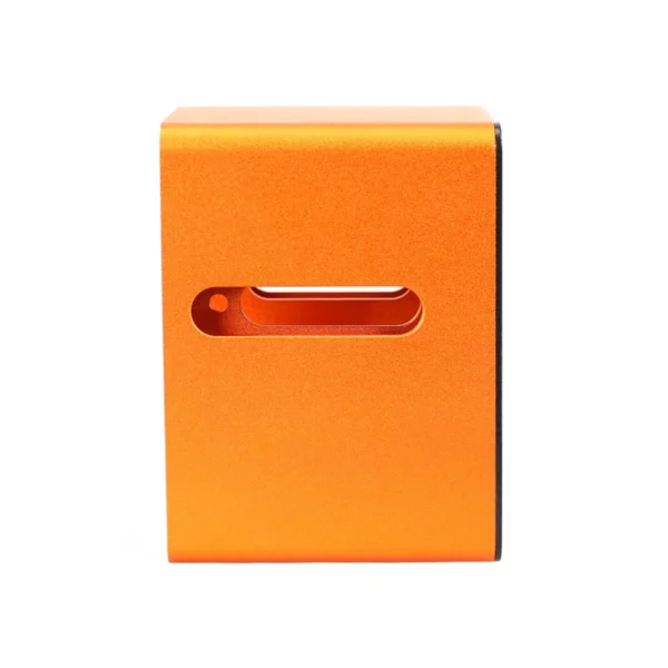 The Rack Dock is a rectangular orange metal object featuring a horizontal slot and a small round hole beside the slot on its front face.
