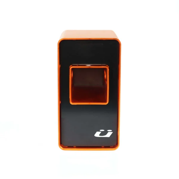 The Rack Dock is a rectangular orange and black electronic device featuring a square sensor area and a white logo on the front.