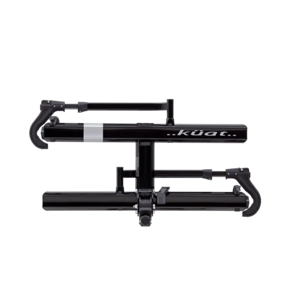 The Sherpa™ 2.0, a black Küat bike rack for vehicle mounting, is shown in side profile with two horizontal arms featuring wheel cradles and attachment points.