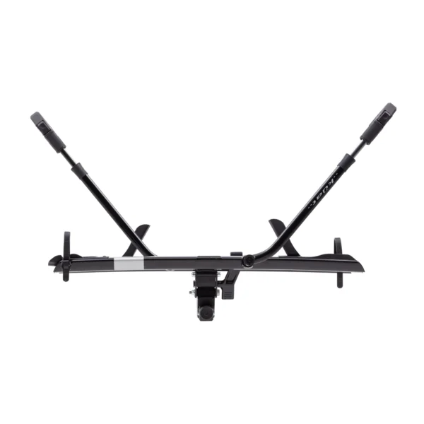 The Sherpa™ 2.0, a black hitch-mounted bike rack with adjustable arms and wheel trays, is shown from the front against a white background.