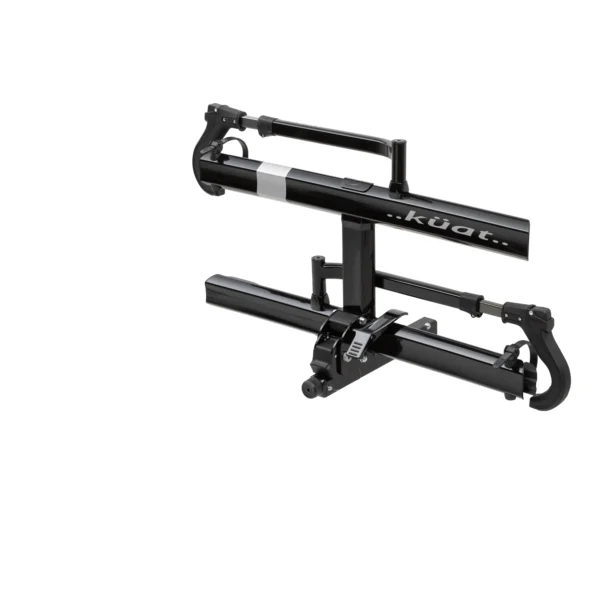 The Sherpa™ 2.0 is a black Küat bike rack with two wheel holders and adjustable arms, designed for mounting on a vehicle’s hitch.