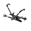 The Sherpa™ 2.0 is a black and silver bike rack with adjustable arms and wheel straps, designed to mount on your vehicle roof or hitch for transporting one bicycle.