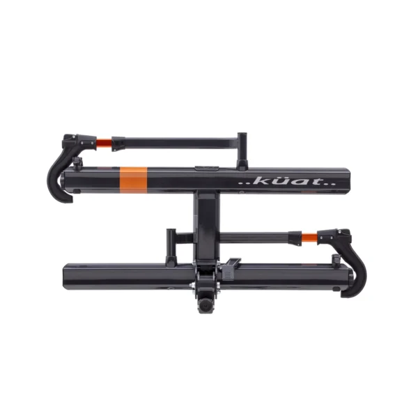 A folded black Kuat bicycle rack with orange accents, viewed from the front on a white background.