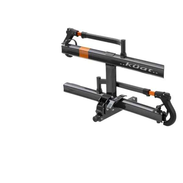 The Sherpa™ 2.0, a black and orange Kuat bike rack for vehicle hitch mounting, is displayed against a white background.