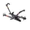 The Sherpa™ 2.0 is a black and orange bike rack with adjustable arms and wheel holders, designed to securely transport a bicycle on your vehicle.