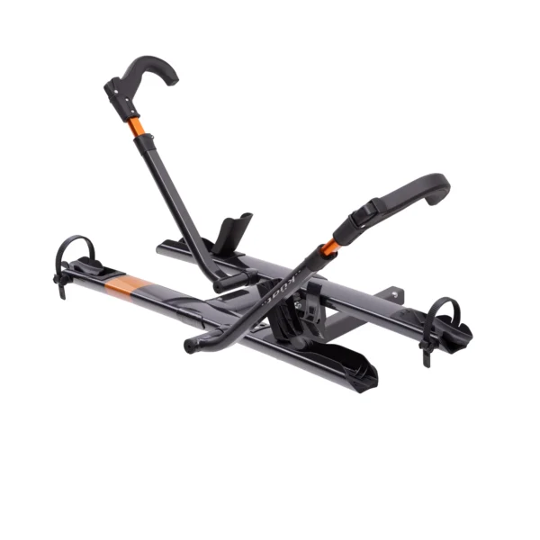 The Sherpa™ 2.0 is a black and orange bike rack with adjustable arms and wheel holders, designed to securely transport a bicycle on your vehicle.