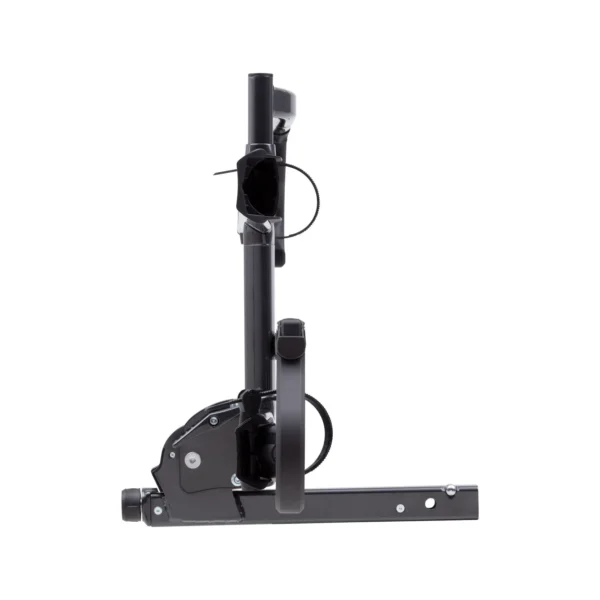 The Sherpa™ 2.0, a black metal bicycle rack, is shown folded upright from a side view against a white background.