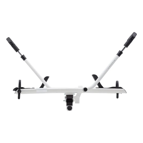 The Sherpa™ 2.0 is a white rear-mounted bike rack with two support arms and wheel trays for carrying bicycles on your vehicle.