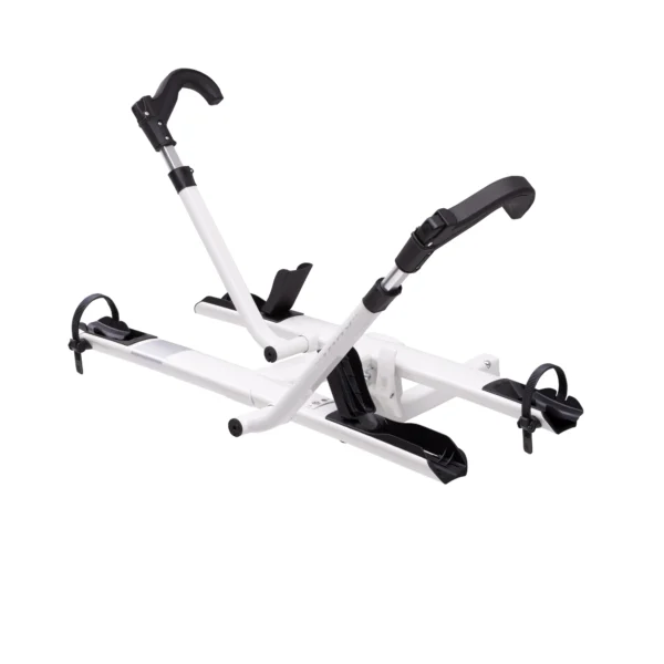 The Sherpa™ 2.0 is a white and black bike rack for vehicles, featuring adjustable arms and wheel holders for secure mounting.
