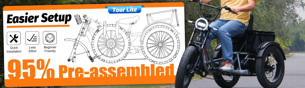 A person rides a black electric tricycle next to a sign highlighting "Easier Setup" and "95% Pre-assembled" with icons for quick installation, less effort, and beginner friendly.