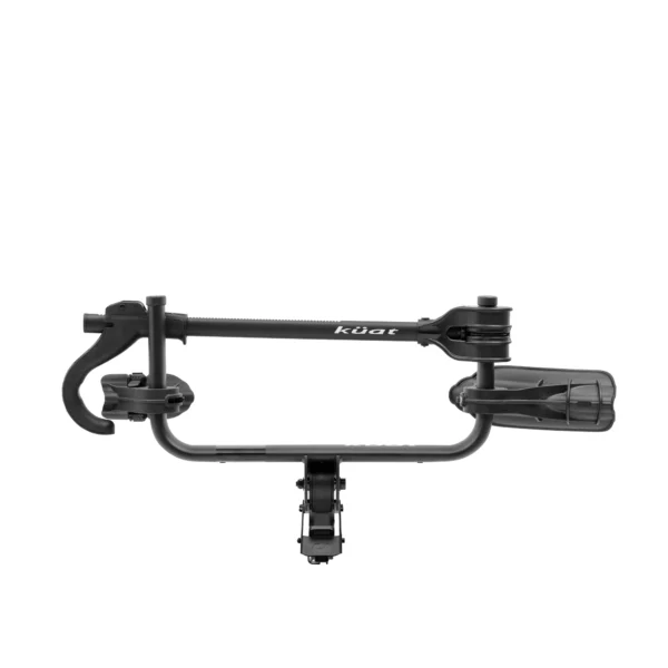 A black Kuat bike rack hitch mount shown from the rear, featuring clamps and mounts for securing bicycles.