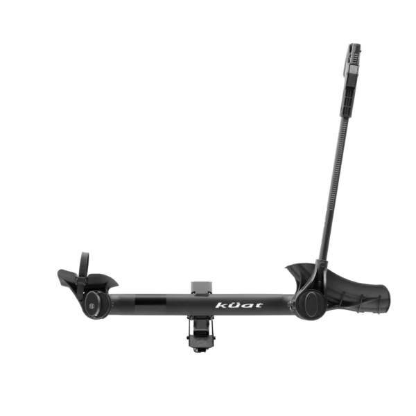 The Transfer™ v2, a black Küat bike rack featuring a single wheel holder, upright support arm, and hitch mount attachment, is displayed against a white background.