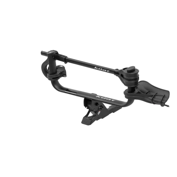 The Transfer™ v2 is a black Kuat bike rack with a sleek, sturdy frame and adjustable arms, designed for rear hitch vehicle mounting.