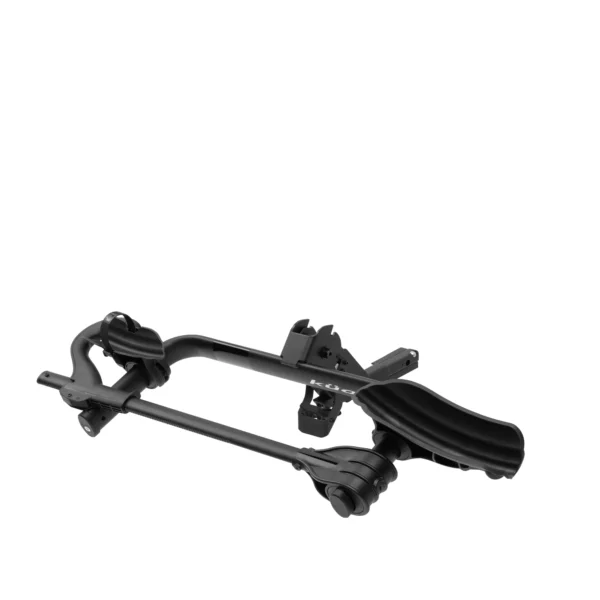 The Transfer™ v2 is a black metal roof-mounted bike rack with adjustable arms and cradles, designed to securely attach your bicycle to a car’s roof rail system.