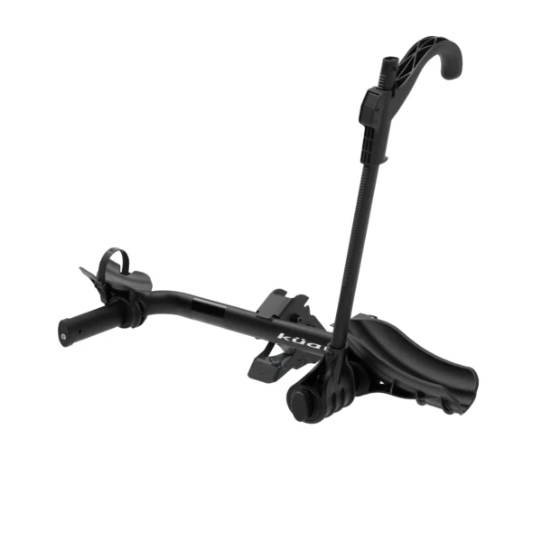 The Transfer™ v2 is a black, single-bike roof rack with an upright support arm and wheel holder, designed for mounting your bike on a vehicle roof.