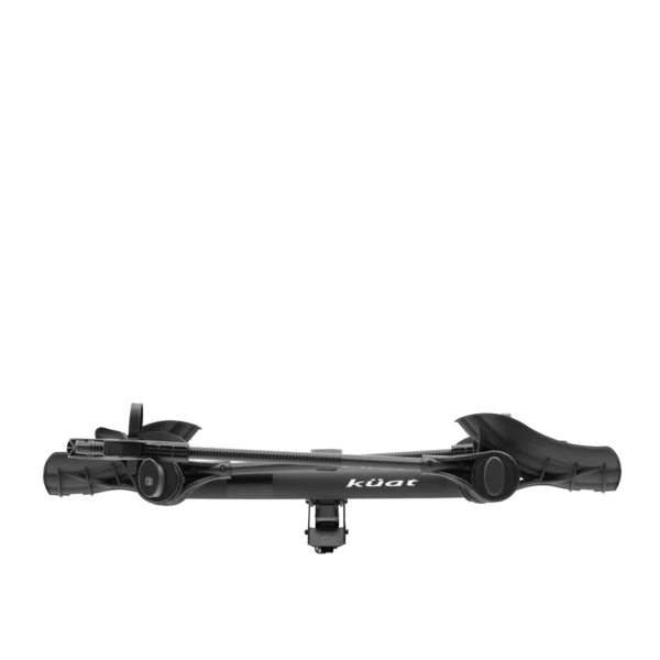 A black Transfer™ v2 Küat bicycle rack is shown from the front against a white background, highlighting its horizontal frame and mounting components.